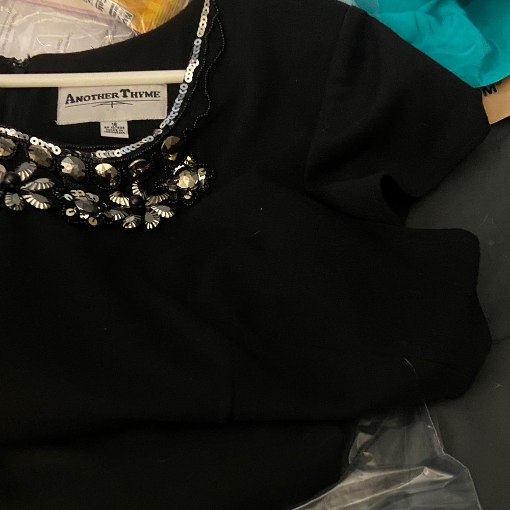 Another Thyme Vintage Black Short Sleeve Dress with Jeweled Neckline